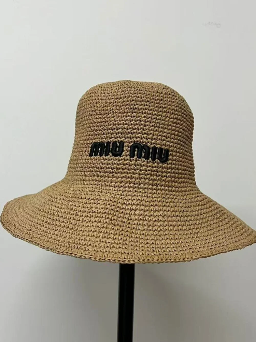 Miu Miu Logo Embroidered Wide Brim Straw Bucket Hat